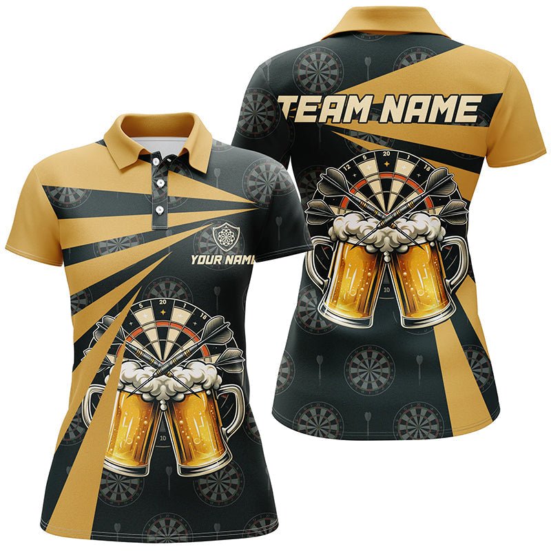 Dames Polo Shirt met Bier Darts in Zwart en Geel L1381