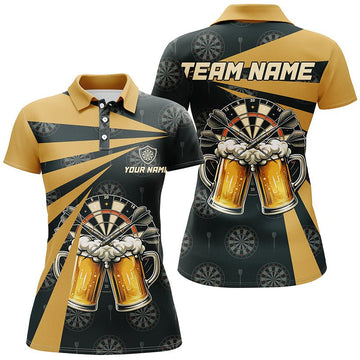 Dames Polo Shirt met Bier Darts in Zwart en Geel L1381