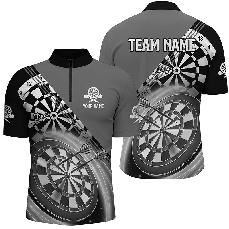 Heren Darts Shirt met Halve Rits in Zwart en Grijs L0939