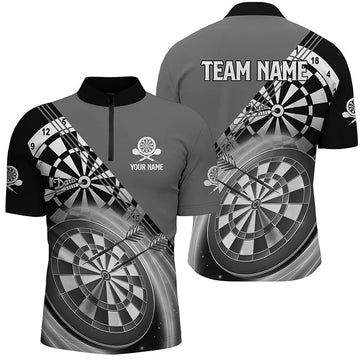 Heren Darts Shirt met Halve Rits in Zwart en Grijs L0939