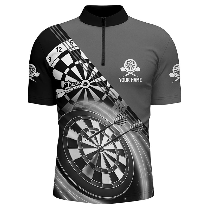 Heren Darts Shirt met Kwart Rits in Zwart en Grijs F821