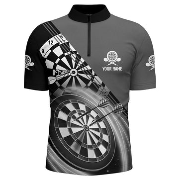 Heren Darts Shirt met Kwart Rits in Zwart en Grijs F821