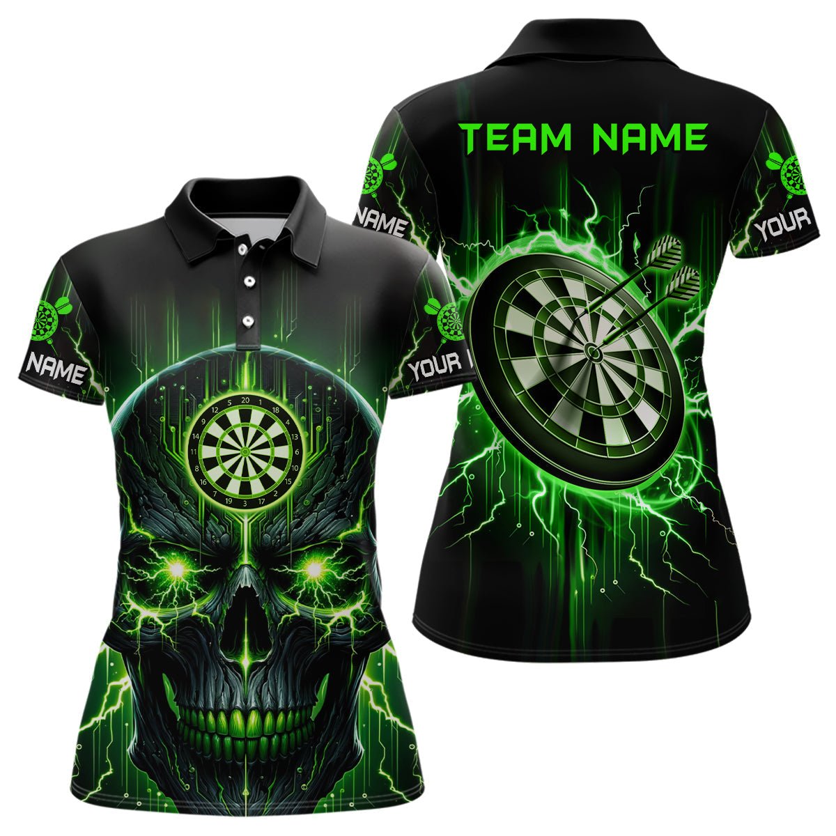 Dames Polo Shirt met Creepy Skull in Zwart en Groen - L1432