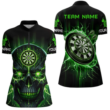 Dames Darts Shirt met Zwart en Groen Skull - Kwart Rits L1432