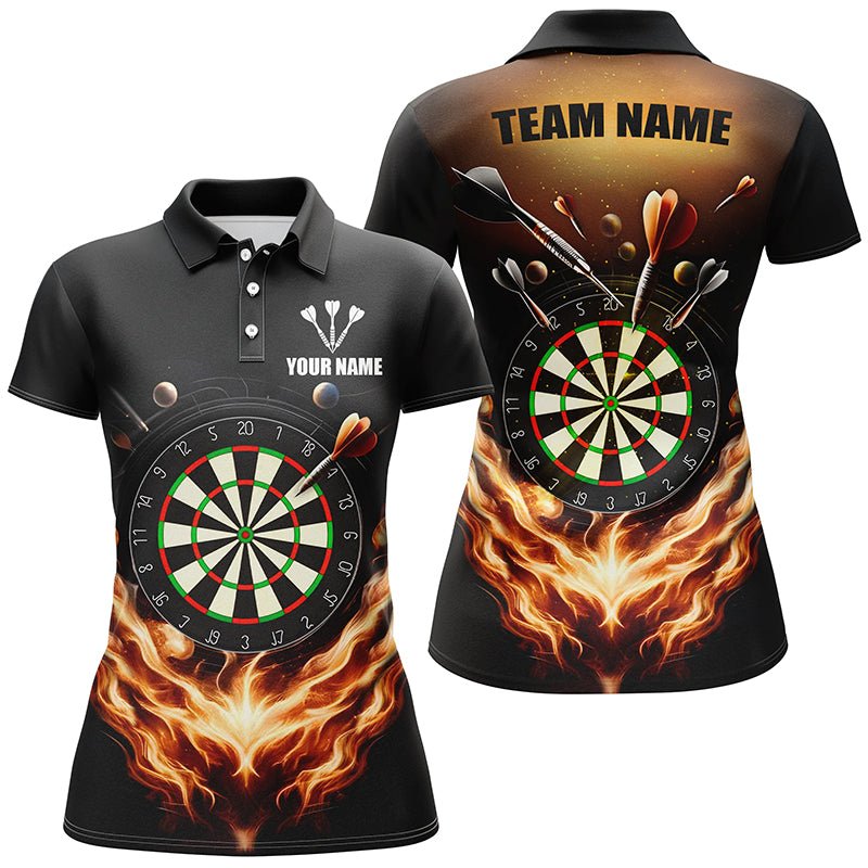 Dames Polo Shirt met Vlammen in Zwart en Oranje L1372