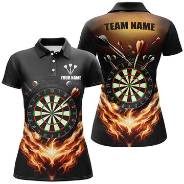 Dames Polo Shirt met Vlammen in Zwart en Oranje L1372