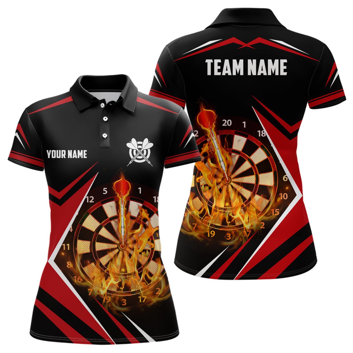 Dames Polo Shirt met Vlammen in Zwart en Rood L1388