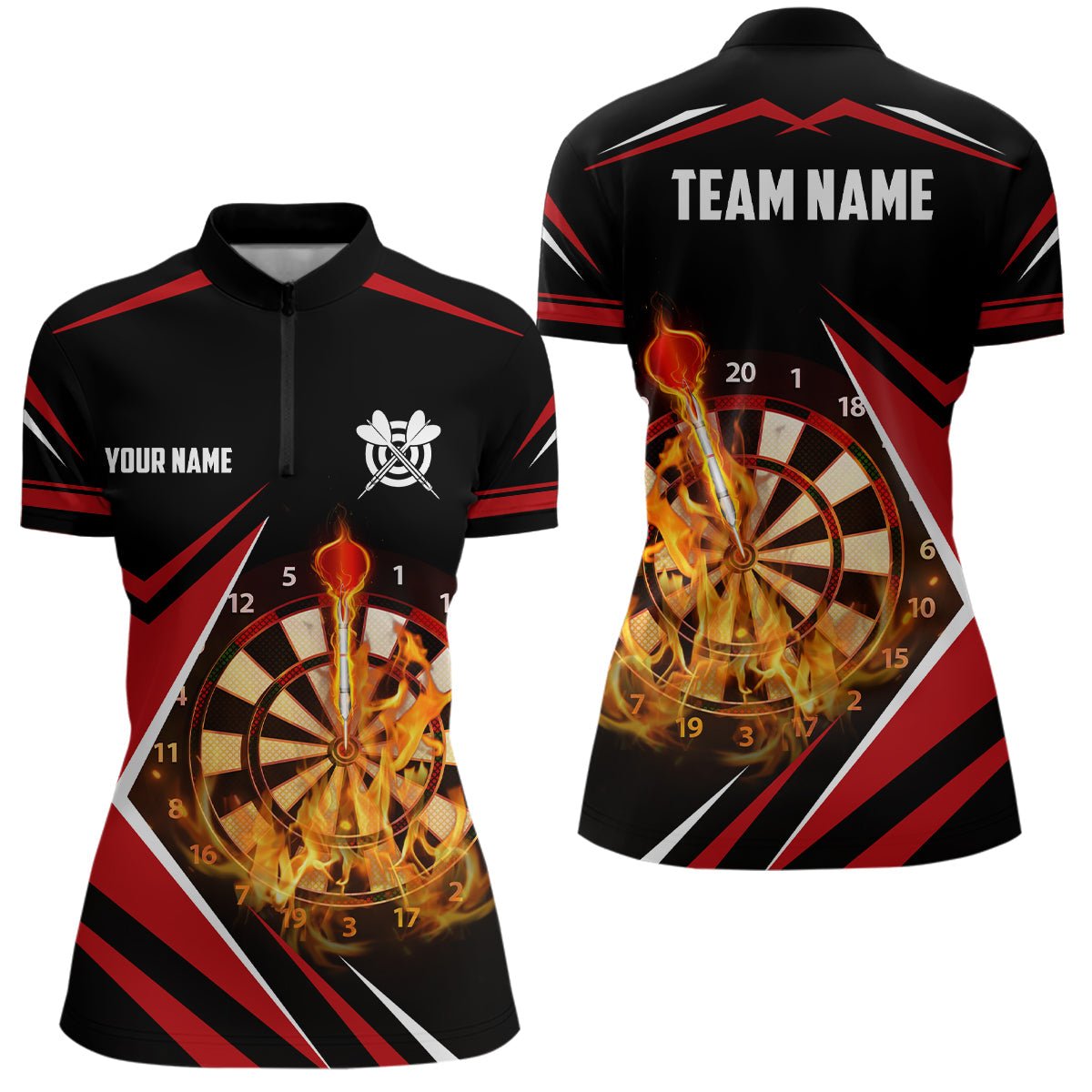 Dames Dartshirt met Zwarte en Rode Vlammen - Kwart Rits L1388