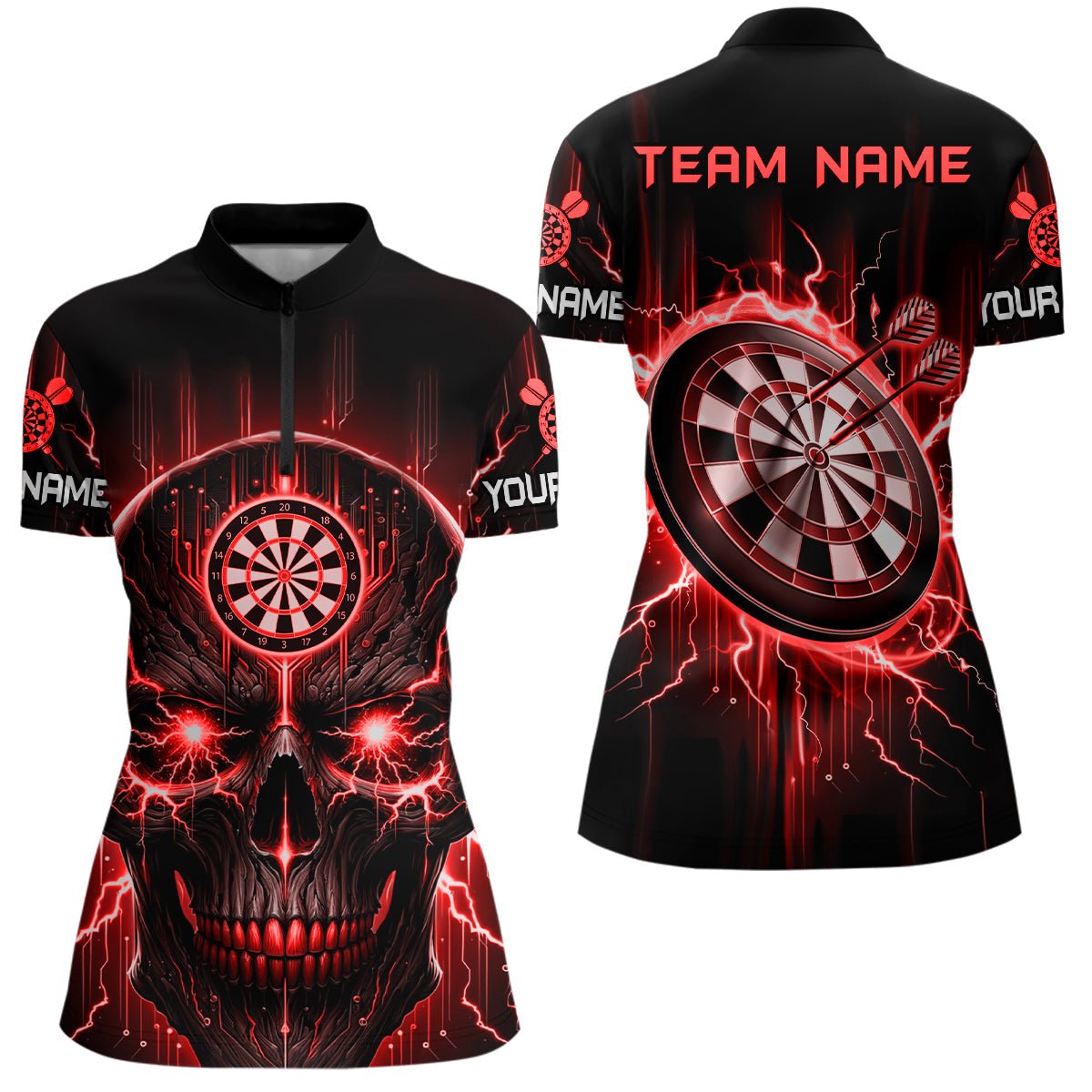 Dames Quarter-Zip Shirt met Zwart en Rood Skull Motief L1433