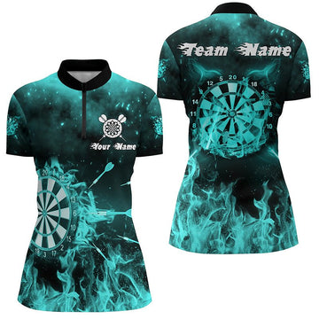 Turquoise Vuurvlam Darts Shirt met Korte Rits voor Dames L1379