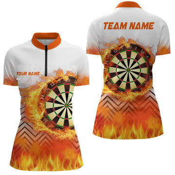 Vrouwelijke Darts T-shirts met Kwart Rits in Wit en Oranje L1459