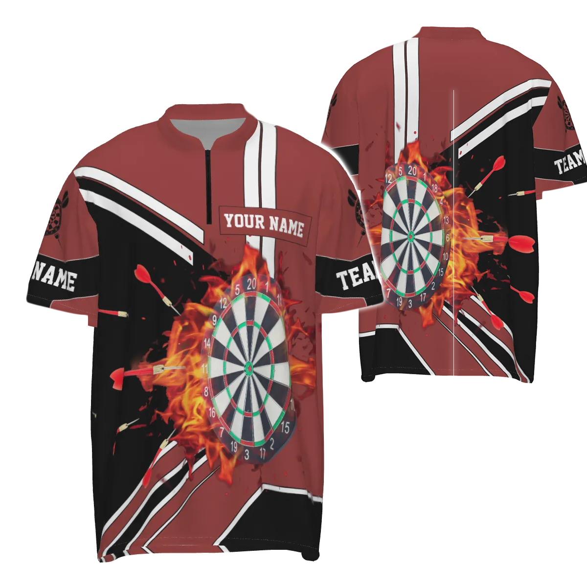 Heren Darts Shirt met Zwarte en Rode Vlammen - 1/4 Rits L246